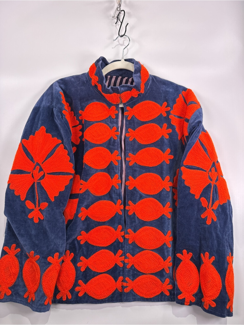 Vintage Velvet Floral Appliqué Jacket Blue Orange Striped Lined Fits Size M L - Picture 2 of 10